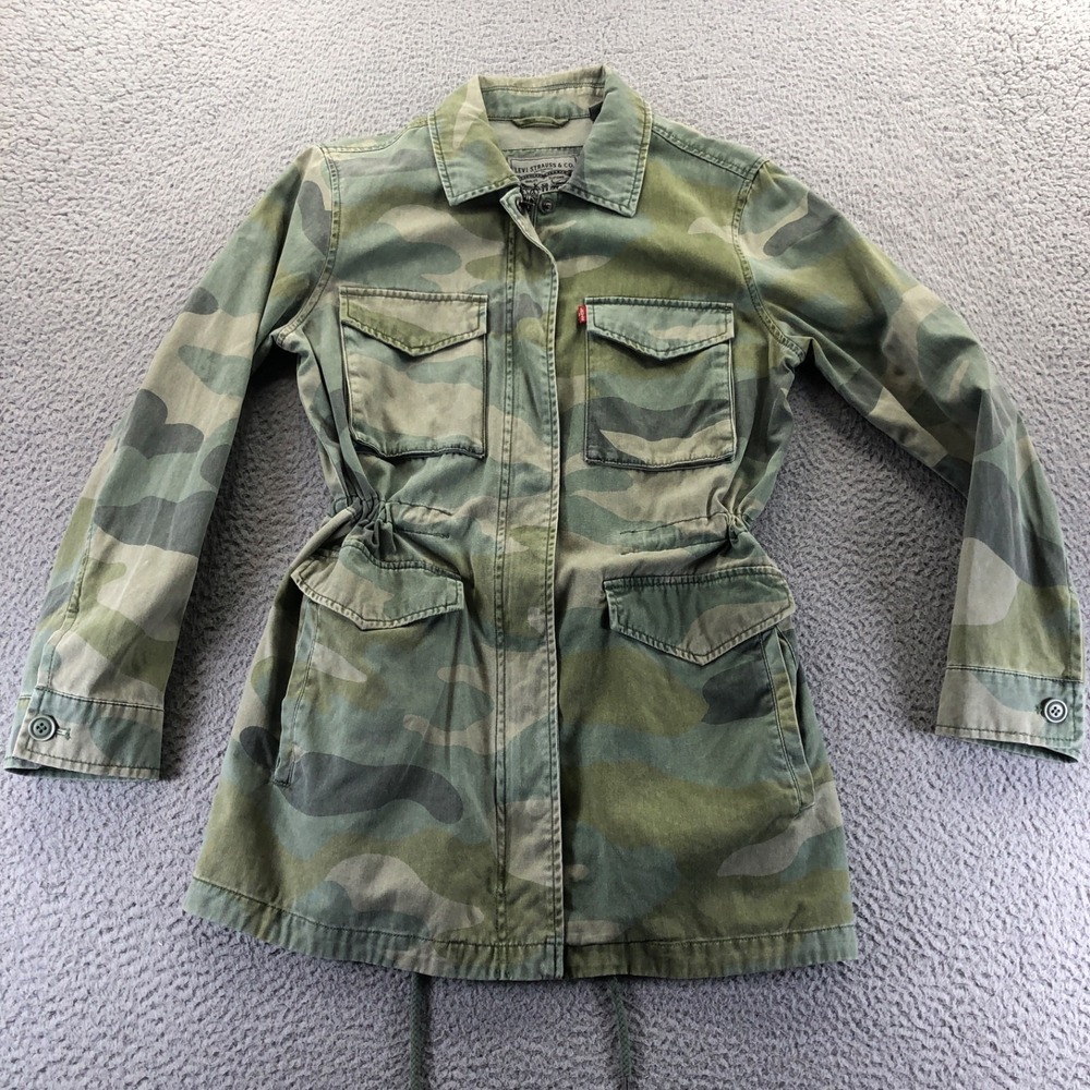 Levis Jacket Women Medium Green Camo Field Lightweight Cinch Waist Army Full Zip